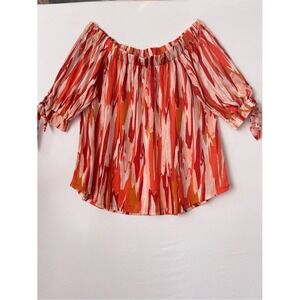 Paper Tee Women 1X Orange Red Abstract Off Shoulder Puff Sleeve Tie Blouse